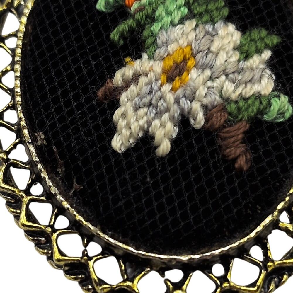 Vintage Petit Point Needlepoint Floral Gold Tone Framed Black Brooch Pin/Pendant - Picture 3 of 5